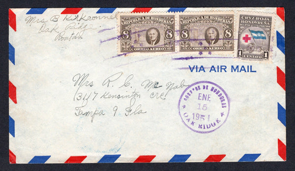 HONDURAS - 1951 - CANCELLATION & ISLAND MAIL: Airmail cover franked with 1946 pair 8c sepia and 1945 1c sepia, blue & carmine TAX issue (SG 465 & 456) tied by 'Lines' cancel with good strike of CORREOS DE HONDURAS OAK RIDGE cds dated JAN 15 1951 alongside. Addressed to USA with transit cds's on reverse.  (HON/37408)