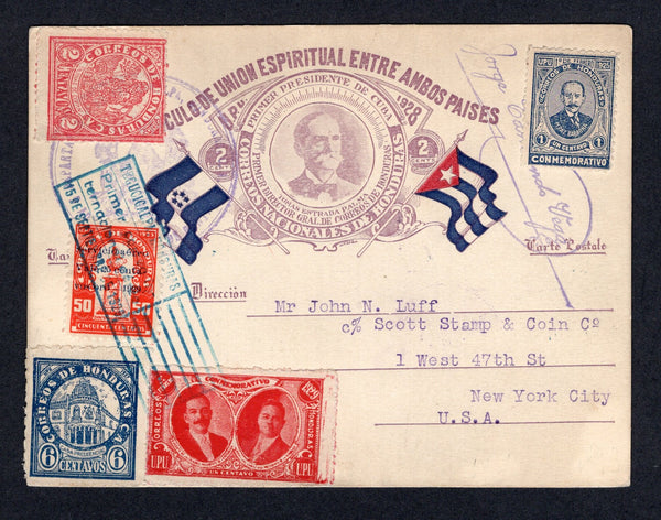 HONDURAS - 1929 - POSTAL STATIONERY & FIRST FLIGHT: 2c purple 'Flags of Cuba & Honduras' postal stationery card (H&G 37) numbered '31' on reverse used with added 1925 1c blue 'Baraona' issue, 1927 2c carmine and 6c blue, 1929 1c lake 'Installation of President Colindres' issue & 1929 25c on 50c vermilion 'Servicio Aereo' SURCHARGE issue (SG 222A, 248, 252, 259 & 261). Sent registered with boxed cachet on reverse flown on the first International airmail flight TELA - MIAMI with some stamps tied by boxed 'TE