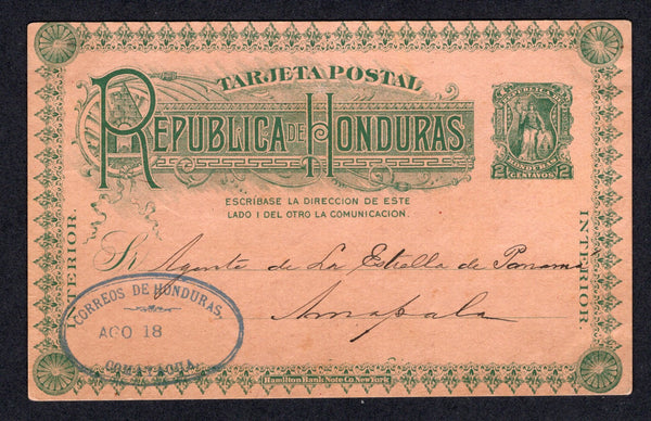 HONDURAS - 1895 - POSTAL STATIONERY: 2c green on brownish pink 'Seebeck' postal stationery card (H&G 21) used with oval CORREOS DE HONDURAS COMAYAGUA cancel in blue dated AUG 18 1895. Addressed to AMAPALA. Nice correct internal use.  (HON/38521)