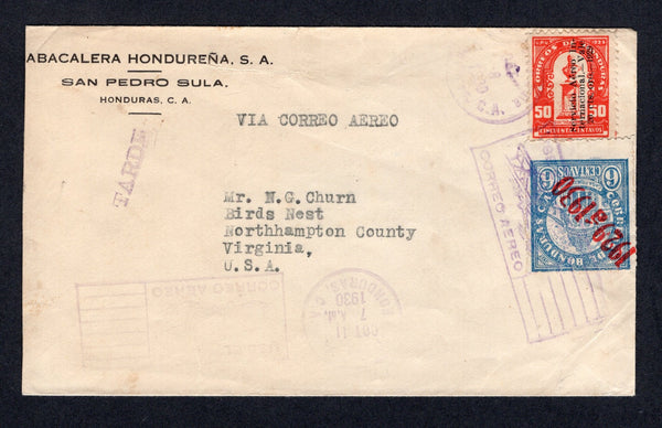 HONDURAS - 1930 - AIRMAIL SURCHARGES: Commercial cover franked with 1929 20c on 50c vermilion 'Servicio Aereo International' AIR overprint issue and 1929 6c blue '1929 a 1930' Robbery overprint issue (SG 266 & 273) tied by SAN PEDRO SULA airmail cancel dated OCT 8 1930 with straight line 'TARDE' and TELA airmail transit marking all on front. Addressed to USA.   (HON/39098)