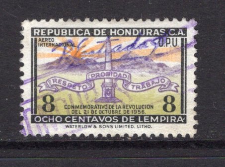 HONDURAS - 1957 - SIGNATURE CONTROLS: 8c 'Revolution of October 21st 1956' issue with complete small 'R Estrada S' SIGNATURE CONTROL marking of 'Francisco Morazan' province. Fine used. (SG 573)  (HON/39730)
