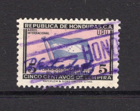 HONDURAS - 1957 - SIGNATURE CONTROLS: 5c 'Revolution of October 21st 1956' issue with complete small 'R Estrada S' SIGNATURE CONTROL marking of 'Francisco Morazan' province. Fine used. Uncommon. (SG 572)  (HON/39939)