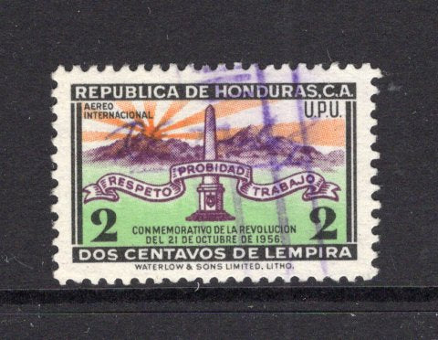 HONDURAS - 1957 - SIGNATURE CONTROLS: 2c 'Revolution of October 21st 1956' issue with complete small 'R Estrada S' SIGNATURE CONTROL marking of 'Francisco Morazan' province. Fine used. Uncommon. (SG 571)  (HON/39941)