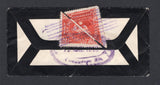 HONDURAS - 1910 - BISECT & DESTINATION: Small unsealed mourning cover franked on reverse with two individual BISECTS of the 2c carmine 'Medina' issue (SG 128) used together to pay the 2c unsealed / printed paper rate tied by 'Lines' cancels with TEGUCIGALPA cds on front dated MAY 11 1910. Addressed to MATAGALPA, NICARAGUA, endorsed 'Via Choluteca and Leon' with oval MATAGALPA arrival mark on reverse. A super item which displays very well.  (HON/40140)