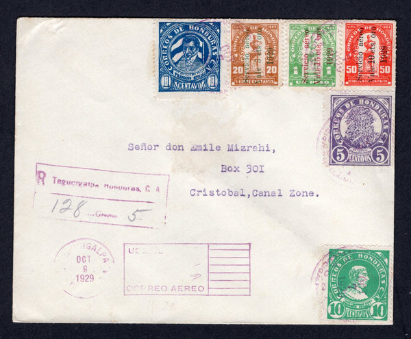 HONDURAS - 1929 - FIRST FLIGHT: Registered cover franked with 1929 1c blue, 5c bright violet and 10c deep emerald 'Official' issue and 1929 5c on 20c yellow brown, 10c on 50c vermilion and 15c on 1p emerald' AIR' overprint issue set of three (SG O259, O261/2 & 262/4) all tied by PRIMER VUELO TEGUCIGALPA - TELA - MIAMI cds's dated OCT 7 1929. The flight was delayed by PAA and eventually flown from Tegucigalpa via Tela to Miami on the 17th October. Addressed to CANAL ZONE with arrival cds dated OCT 17 on rev