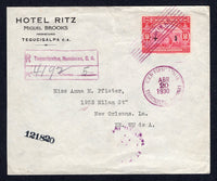 HONDURAS - 1930 - REGISTRATION: Printed 'Hotel Ritz Tegucigalpa' cover franked with single 1929 50c + 5c carmine AIR 'Surcharge' issue (SG 260b) tied by 'Lines' cancel with TEGUCIGALPA cds dated ABR 20 1930 and boxed registration marking alongside. Addressed to USA with transit & arrival marks on reverse. A scarce issue genuinely used on cover as the stamps were originally only issued for a planned 1929 first flight.  (HON/40290)