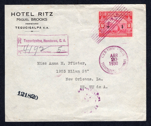 HONDURAS - 1930 - REGISTRATION: Printed 'Hotel Ritz Tegucigalpa' cover franked with single 1929 50c + 5c carmine AIR 'Surcharge' issue (SG 260b) tied by 'Lines' cancel with TEGUCIGALPA cds dated ABR 20 1930 and boxed registration marking alongside. Addressed to USA with transit & arrival marks on reverse. A scarce issue genuinely used on cover as the stamps were originally only issued for a planned 1929 first flight.  (HON/40290)