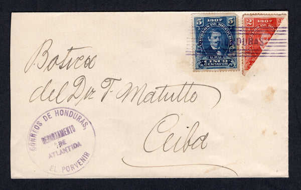 HONDURAS - 1910 - BISECT & CANCELLATION: Cover franked with 1907 diagonally BISECTED 2c vermilion and 5c blue 'Medina' issue (SG 128a & 129) tied by 'Line' cancel in purple with undated CORREOS DE HONDURAS DEPARTAMENTO DE ATLANTIDA EL PORVENIR cancel in purple alongside. Addressed to CEIBA with arrival cds dated 1910 on reverse.  (HON/40384)