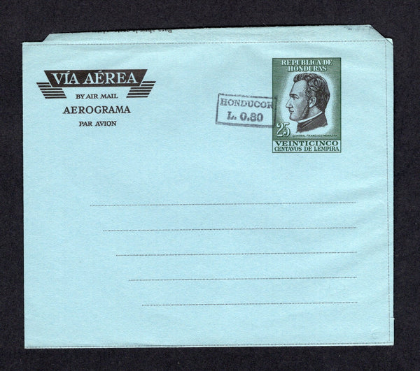 HONDURAS - 1993 - POSTAL STATIONERY: L0.80 on 25c green & black on blue 'Morazan' postal stationery airletter (H&G Unlisted) with boxed 'HONDUCOR L.0.80' revaluation handstamp in black. A fine unused example. An uncommon modern item of postal stationery.  (HON/40431)