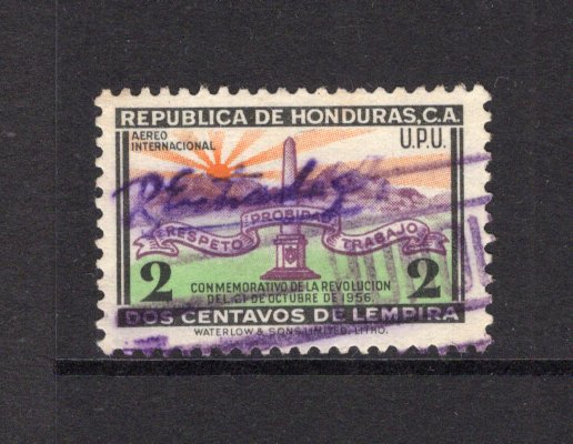 HONDURAS - 1957 - SIGNATURE CONTROLS: 2c 'Revolution of October 21st 1956' issue with complete small 'R Estrada S' SIGNATURE CONTROL marking of 'Francisco Morazan' province. Fine used. (SG 571)  (HON/40477)