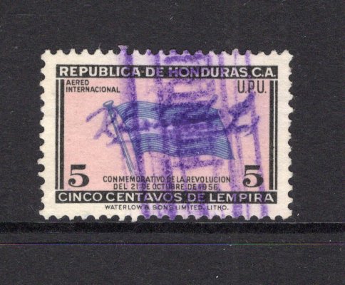 HONDURAS - 1957 - SIGNATURE CONTROLS: 5c 'Revolution of October 21st 1956' issue with complete small 'R Estrada S' SIGNATURE CONTROL marking of 'Francisco Morazan' province. Fine used. (SG 572)  (HON/40478)