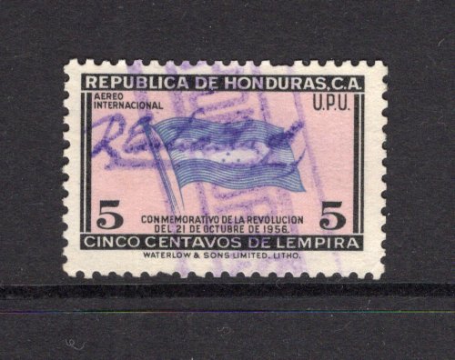 HONDURAS - 1957 - SIGNATURE CONTROLS: 5c 'Revolution of October 21st 1956' issue with complete small 'R Estrada S' SIGNATURE CONTROL marking of 'Francisco Morazan' province. Fine used. (SG 572)  (HON/40479)