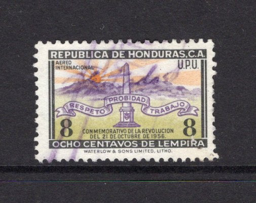 HONDURAS - 1957 - SIGNATURE CONTROLS: 8c 'Revolution of October 21st 1956' issue with complete small 'R Estrada S' SIGNATURE CONTROL marking of 'Francisco Morazan' province. Fine used. (SG 573)  (HON/40480)