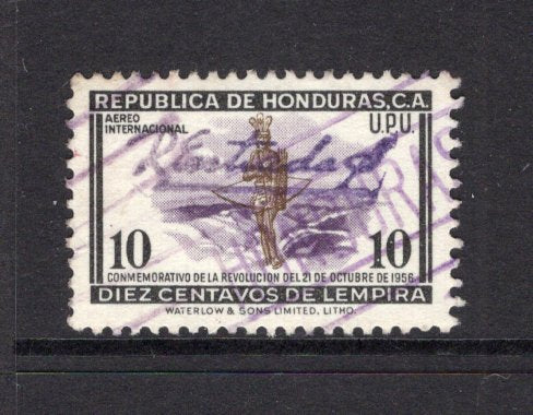 HONDURAS - 1957 - SIGNATURE CONTROLS: 10c 'Revolution of October 21st 1956' issue with complete small 'R Estrada S' SIGNATURE CONTROL marking of 'Francisco Morazan' province. Fine used. (SG 574)  (HON/40481)