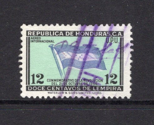 HONDURAS - 1957 - SIGNATURE CONTROLS: 12c 'Revolution of October 21st 1956' issue with complete small 'R Estrada S' SIGNATURE CONTROL marking of 'Francisco Morazan' province. Fine used. (SG 575)  (HON/40482)