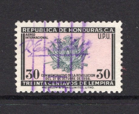 HONDURAS - 1957 - SIGNATURE CONTROLS: 30c 'Revolution of October 21st 1956' issue with complete small 'R Estrada S' SIGNATURE CONTROL marking of 'Francisco Morazan' province. Fine used. (SG 577)  (HON/40484)