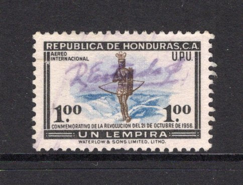 HONDURAS - 1957 - SIGNATURE CONTROLS: 1L 'Revolution of October 21st 1956' issue with complete small 'R Estrada S' SIGNATURE CONTROL marking of 'Francisco Morazan' province. Fine used and scarce on the high values. (SG 578)  (HON/40485)