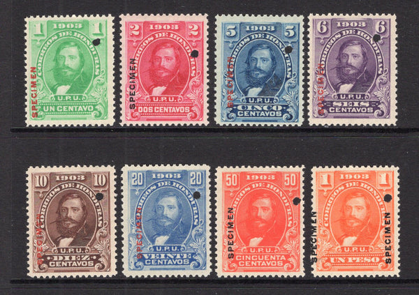 HONDURAS - 1903 - DEFINITIVE ISSUE: 'Guardiola' issue the set of eight all with 'SPECIMEN' overprint and small hole punch. Ex ABNCo. archive. (SG 118/125)  (HON/40931)