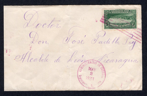 HONDURAS - 1933 - DESTINATION & ROUTING: Cover franked with single 1931 6c green (SG 322) tied by 'Lines' cancel with TEGUCIGALPA cds dated MAY 2 1933 alongside. Addressed to LEON, NICARAGUA and routed via the Bay Islands with two strikes of AMAPALA cds on reverse dated 6 May and 12 May respectively with LEON arrival cds also on reverse. Cover has central crease but an unusual off-shore routing.  (HON/41088)