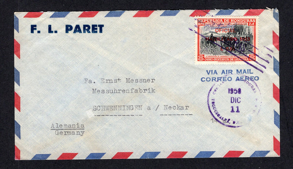 HONDURAS - 1958 - SIGNATURE CONTROLS: Airmail cover franked with 1953 50c on 8c black & scarlet (SG 518) with complete small 'R Estrada S' SIGNATURE CONTROL marking of 'Francisco Morazan' province tied by 'Lines' cancel with TEGUCIGALPA cds dated 11 DIC 1958 alongside. Addressed to GERMANY.  (HON/41410)