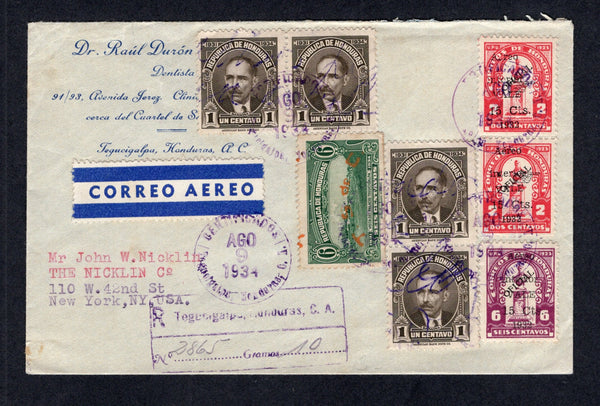 HONDURAS - 1934 - REVOLUTIONARY ISSUE: Registered cover franked with pair 1932 15c on 2c rose AIR overprint issue with additional small 'BLACK HAND' overprint on face plus 15c on 6c purple AIR overprint issue and 1931 4 x 1c sepia and 1931 6c green 'T. S. de C.' overprint issue all with 'Signature Control' overprints in purple (SG 351, 352, 319 & 331, Sanabria #113 & 114) all tied by CERTIFICADOS TEGUCIGALPA cds's dated AGO 9 1934 with boxed registration handstamp and printed blue & white airmail label alo