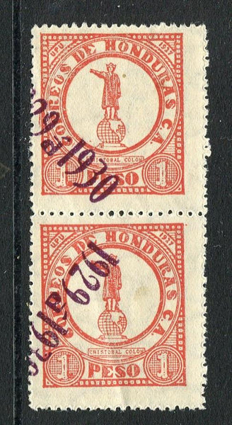 HONDURAS - 1929 - ROBBERY ISSUE: 1p red with '1929 a 1930' CONTROL overprint in purple a fine mint pair with variety OVERPRINT INVERTED on lower stamp. (SG 279 variety)  (HON/5122)