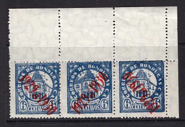 HONDURAS - 1929 - ROBBERY ISSUE: 6c blue with '1929 a 1930' CONTROL overprint in red a fine mint corner marginal strip of three with variety OVERPRINT INVERTED on right hand stamp. (SG 273 variety)  (HON/5123)