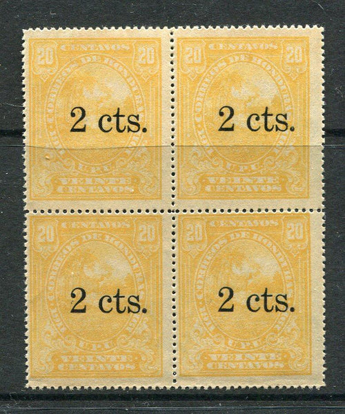 HONDURAS - 1913 - MULTIPLE: '2 cts' on 20c yellow 'Hass' issue a fine unused block of four. (SG 163)  (HON/5589)