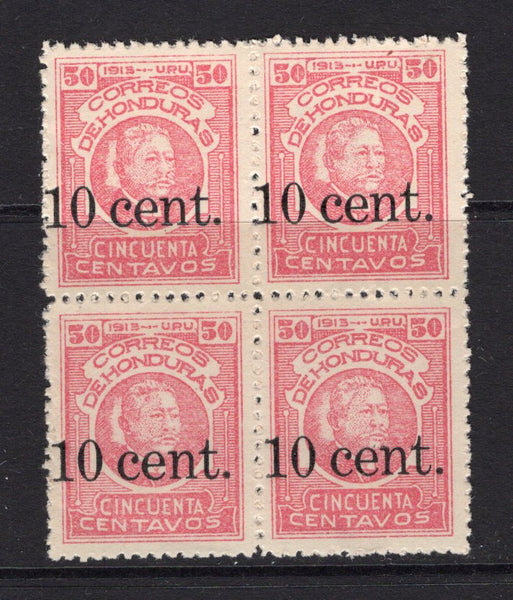 HONDURAS - 1913 - MULTIPLE: '10 cent' on 50c carmine rose 'Litho' issue a mint block of four, crease through two stamps. (SG 185)  (HON/5609)