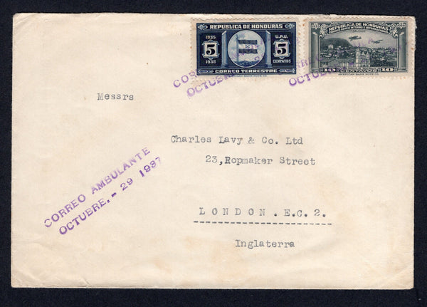 HONDURAS - 1937 - TRAVELLING POST OFFICES: Cover sent from SAN PEDRO SULA (return address on reverse) franked 1935 5c blue & 10c grey (SG 367 & 370) tied by two strikes of straight line CORREO AMBULANTE OCTUBRE - 29 1937 marking with third strike alongside. Addressed to UK with PUERTO CORTEZ transit cds on reverse.  (HON/584)