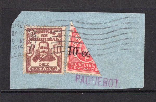 HONDURAS - 1913 - BISECT: 10c chocolate and 10c on 50c carmine 'Provisional' issue the latter BISECTED DIAGONALLY tied on small piece by NEW ORLEANS machine cancel dated 8 AUG 1914 with straight line 'PAQUEBOT' marking in purple alongside. (SG 174 & 185)  (HON/6226)