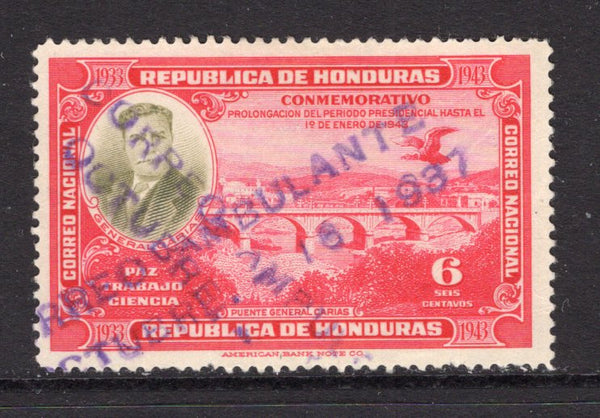 HONDURAS - 1937 - CANCELLATION: 6c carmine & sage green used with two full strikes of CORREO AMBULANTE OCTUBRE 16 1937 'Travelling Post Office' cancellation in purple of the TELA Railroad Company. (SG 376)  (HON/854)