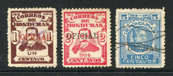 HONDURAS - 1914 - OFFICIAL ISSUES: 1c chocolate, 2c carmine & 5c blue all with unlisted smaller type 'OFICIAL' overprint in black or red, fine used with manuscript cancels.  (HON/9347)
