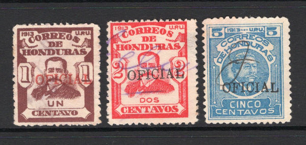 HONDURAS - 1914 - OFFICIAL ISSUES: 1c chocolate, 2c carmine & 5c blue all with unlisted smaller type 'OFICIAL' overprint in black or red, fine used with manuscript cancels.  (HON/9348)