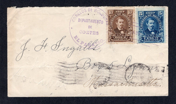 HONDURAS - 1908 - CANCELLATION & MEDINA ISSUE: Cover franked with 1907 5c blue & 10c sepia 'Medina' issue (SG 129 & 131) tied by 'Lines' cancel with fine strike of undated CORREOS DE HONDURAS DEPARTAMENTO DE CORTES EL PARAISO cancel in purple. Addressed to USA with PUERTO CORTEZ transit and USA arrival marks on reverse.  (HON/9837)