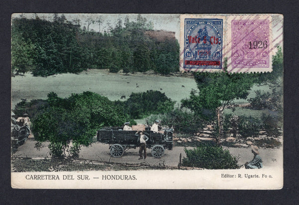 HONDURAS - 1927 - PROVISIONAL ISSUES: Colour PPC 'Carreteria del Sur - Honduras' franked on picture side with 1926 6d mauve with '1926' overprint in black and 6c on 10c dull blue (SG 241 & 243d) tied by 'Lines' cancel with TEGUCIGALPA cds on message side. Addressed to AUSTRIA.  (HON/9848)