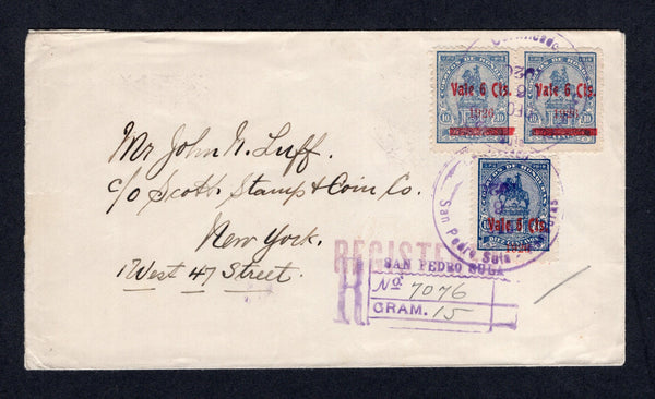 HONDURAS - 1926 - PROVISIONAL ISSUE & VARIETY: Registered cover franked with 1926 6c on 10c dull blue three copies one with variety BAR OMITTED (SG 243d & 243da) tied by two strikes of large SAN PEDRO SULA cds with boxed 'San Pedro Sula' registration marking alongside. Addressed to USA with transit and arrival marks on reverse.  (HON/9849)