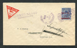 HONDURAS - 1927 - AIRMAIL: Cover with 1926 6c on 10c dull blue tied by 'Lines' cancel with TEGUCIGALPA cds alongside. Addressed to SAN PEDRO SULA & later redirected to YUSCARAN & finally SIQUETEPEC with triangular red illustrated 'PAR AVION' airplane label & straight line CORREO AEREO TEGUCIGALPA cachet. Reverse has feint boxed CENTRAL AMERICAN AIRLINES AVIACION COMERCIAL TEGUCIGALPA cachet dated MAR 9 1926. A very scarce early First Flight cover. T C Pounds was the owner of Central American Airways