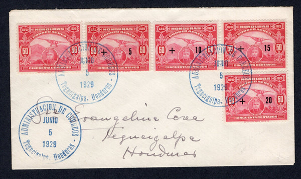 HONDURAS - 1929 - AIRMAIL: Cover franked with 1929 set of five 'Planned Flight from New York to Honduras' commemorative issue (SG 260a/260e) tied by multiple strikes of ADMINISTRACION DE CORREOS TEGUCIGALPA cds in blue dated 5 JUN 1929, the first day of issue.  (HON/9868)