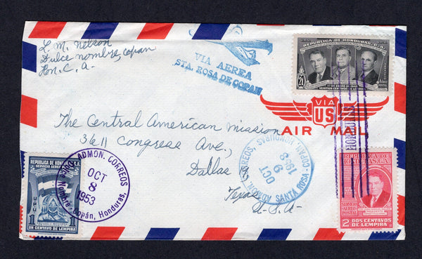 HONDURAS - 1953 - CANCELLATION & AIRMAIL: Airmail cover franked with 1949 1c blue, 2c carmine & 21c black (SG 472/473 & 477) tied by 'Lines' cancels with fine ADMON DE CORREOS DOLCE NOMBRE COPAN cds alongside. Addressed to USA with SANTA ROSA COPAN transit cds and 'VIA AEREA STA ROSA DE COPAN' illustrated airplane cachet both in blue on front. Transit cds's also on reverse.  (HON/9877)