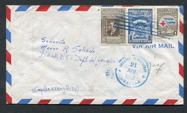 HONDURAS - 1952 - CANCELLATION: Airmail cover franked 1949 1c blue, 1951 9c sepia and 1945 1c TAX issue (SG 472, 492 & 456) tied by 'Lines' cancel with CORREOS DE HONDURAS GRACIAS cds alongside in blue. Addressed internally to DANLI with transit and arrival marks on reverse.  (HON/9878)
