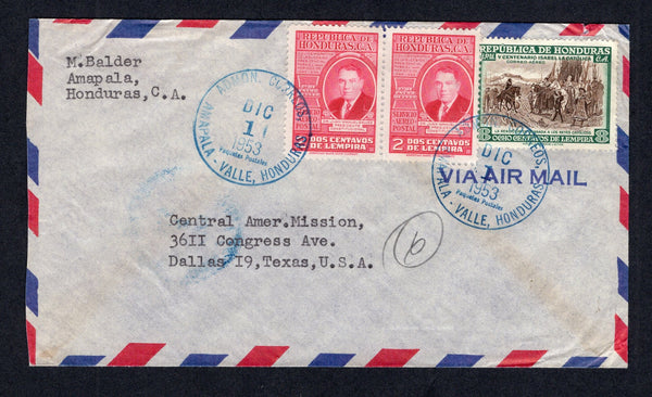HONDURAS - 1953 - CANCELLATION & ISLAND MAIL: Airmail cover franked with 1949 pair 2c carmine & 1952 8c green & brown (SG 473 & 501) tied by two strikes of ADMON CORREOS AMAPALA VALLE PAQUETES POSTALES cds in blue (Bay Islands P.O.). Addressed to USA with transit cds on reverse.  (HON/9887)