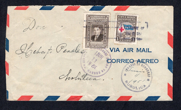 HONDURAS - 1950 - CANCELLATION: Cover franked 1949 9c sepia & 1945 1c TAX issue (SG 475 & 456) tied by 'Flag' roller cancel with fine CORREOS DE HONDURAS MOROLICA cds alongside with manuscript 'Junio 11 1951' inserted by hand. Addressed internally to CHOLUTECA with arrival cds on reverse. Couple of light creases.  (HON/9890)