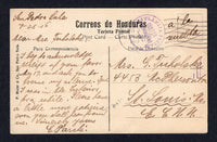 HONDURAS - 1916 - TRAVELLING POST OFFICES: Coloured PPC 'Paisaje del Chamelecon, Honduras' sent from SAN PEDRO SULA with manuscript origination on message side franked on picture side with 1915 1c chocolate & pair 2c carmine red 'Ulua Bridge' issue tied by 'Lines' cancels with PUERTO CORTES cds. Addressed to USA with fine strike of small undated AMBULANCIA POSTAL CORTES HONDURAS marking in purple and USA arrival mark on message side.  (HON/9905)