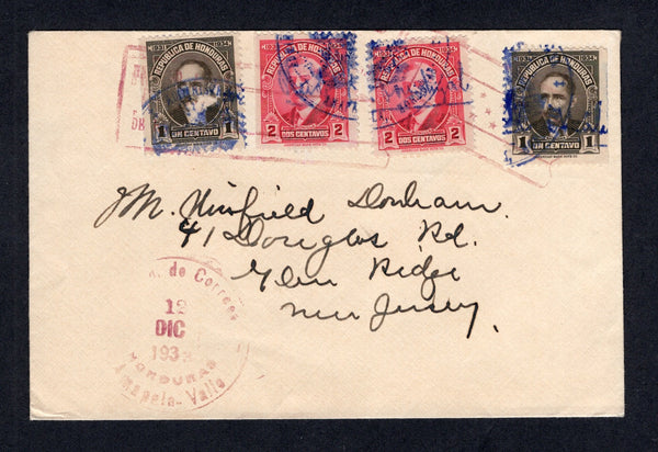 HONDURAS - 1933 - SIGNATURE CONTROLS & ISLAND MAIL: Cover franked with 1931 2 x 1c sepia and 2 x 2c carmine (SG 319/320) all with 'Signature Control' overprints and additionally overprinted with largecircular  AMAPALA 'Arms' control overprint in blue prior to being attached to the cover, all tied by purple 'Flag' roller cancels with AMAPALA cds dated 12 DIC 1933 alongside. Addressed to USA. A very rare control mark.  (HON/9909)