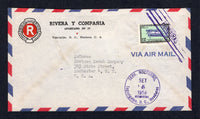 HONDURAS - 1958 - SIGNATURE CONTROLS: Airmail cover franked with 1957 12c blue turquoise & black (SG 575) with complete small 'R Estrada S' SIGNATURE CONTROL marking of 'Francisco Morazan' province tied by 'Lines' cancel with SERV. NOCTURNO TEGUCIGALPA ESTAFETAS cds alongside. Addressed to USA.  (HON/9914)