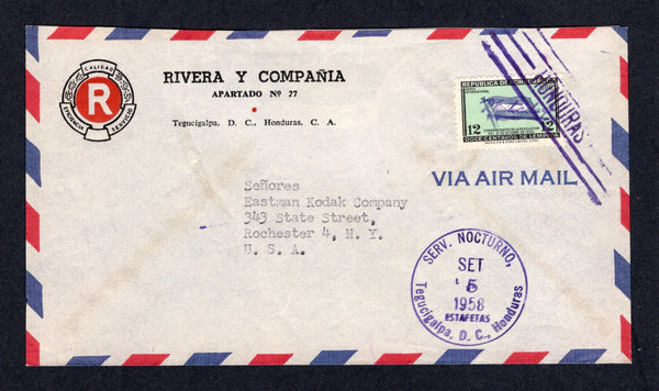 HONDURAS - 1958 - SIGNATURE CONTROLS: Airmail cover franked with 1957 12c blue turquoise & black (SG 575) with complete small 'R Estrada S' SIGNATURE CONTROL marking of 'Francisco Morazan' province tied by 'Lines' cancel with SERV. NOCTURNO TEGUCIGALPA ESTAFETAS cds alongside. Addressed to USA.  (HON/9914)