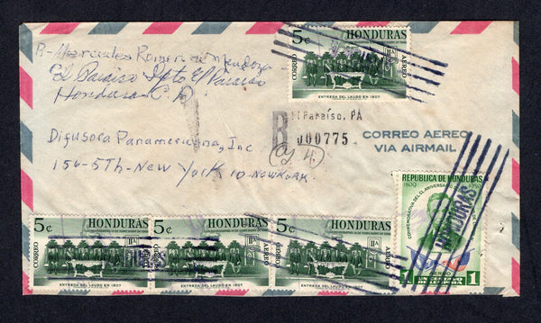 HONDURAS - 1963 - SIGNATURE CONTROLS & REGISTRATION: Registered airmail cover franked with 1959 1c green and 4 x 1961 5c green on front plus 1952 2 x 2c red brown & blue and 1959 12c sepia all with 'Signature Control' overprints (SG 590, 613, 500 & 595) tied by 'Lines' cancels with small 'R EL PARAISO' registration marking alongside. Addressed to USA with TEGUCIGALPA transit and USA arrival marks on reverse.  (HON/9917)