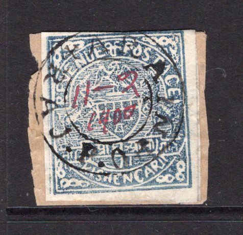 INDIAN STATES - KISHANGARH - 1899 - CLASSIC ISSUES: ½a slate blue, imperf fine used on small piece with central ARAIN RAJ P.O. cds dated 11-2 1900 in red manuscript. (SG 11)  (IND/11159)