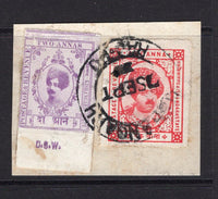 INDIAN STATES - KISHANGARH - 1928 - COMBINATION PIECE: 2a purple 'Maharaja Madan Singh' issue on thick white chalk surfaced paper, rouletted a bottom marginal copy with 'D.S.W.' imprint in margin used in combination with 1928 1a carmine 'Maharaja Yaganarayan Singh' issue, pin perf tied on piece by KISHANGARH RAJ P.O. cds. (SG 54 & 74)  (IND/11169)